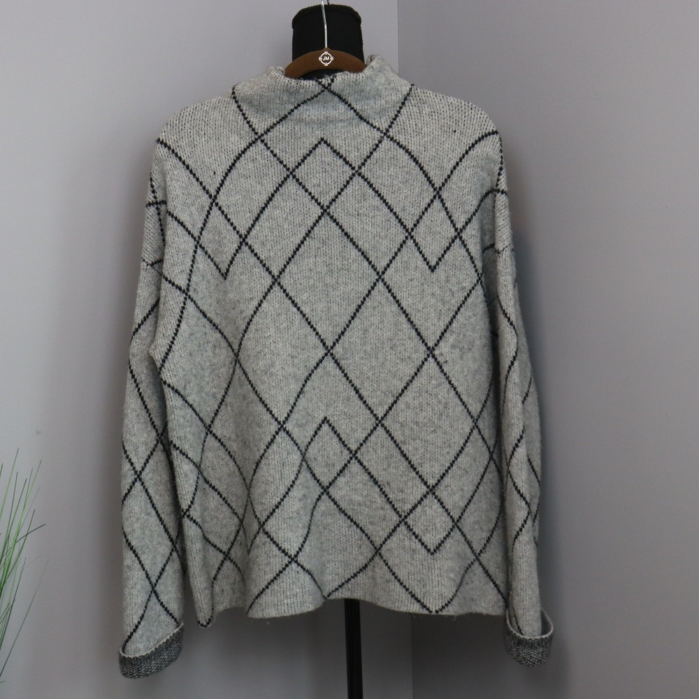 Christian Siriano Sweater Women L Gray Black Argyle Mock Neck‎ Merino Wool Blend